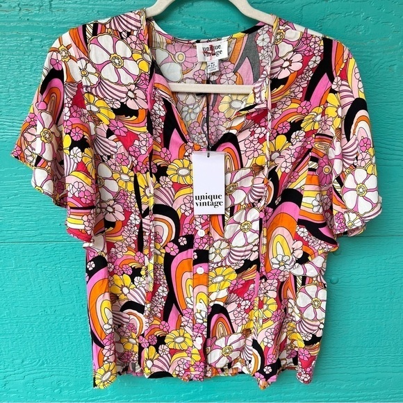 Unique Vintage Pink & Yellow Mod Floral Cecilia Blouse Size Medium NWT - Picture 1 of 11